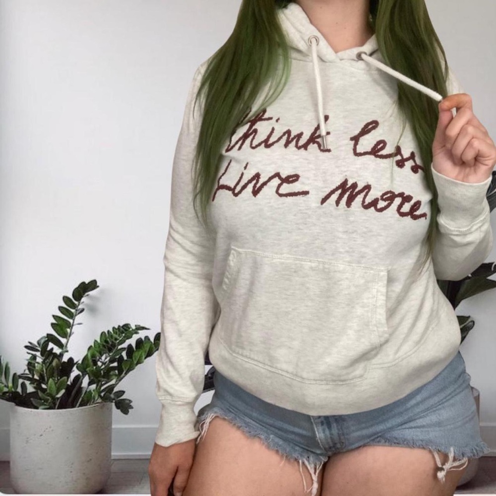 Retro Think Less Live More Hoodie Sweatshirt Grey Red Medium